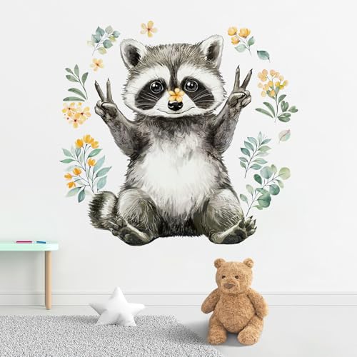 Yovkky Lovely Raccoon Wall Decals Stickers, Woodland Animals Flower Leaves Toddler Baby Nursery Decor, Forest Home Decorations Kids Bedroom Playing Room Classroom Art
