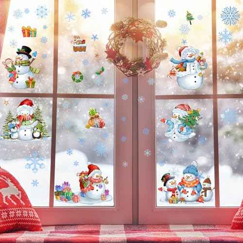 ReliThick 64 Pcs Christmas Snowman Wall Sticker Clings Removable Christmas Wall Art Silver Blue and White Winter Window Clings Wall Decor for Christmas Winter Home Bedroom Decorations