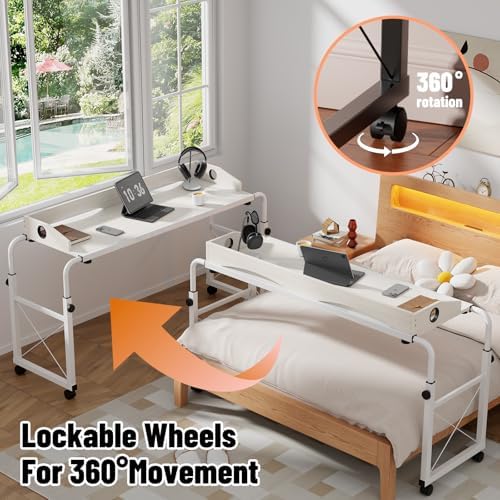 Overbed Table with Wheels, Overbed Desk with Adjustable Length and Height, Rolling Over Bed Desk, King Queen Over The Bed Table on Wheels, Heavy Duty Laptop Table for Hospital and Home (White, 1.2M)