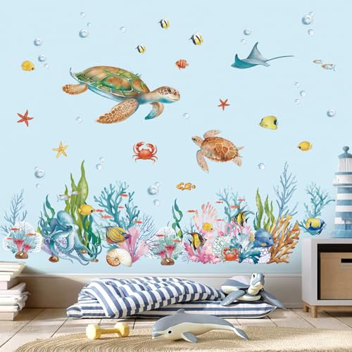 wondever Ocean Grass Seaweed Wall Stickers Under The Sea Turtle Coral Reef Tropical Fish Wall Art Decals for Baby Nursery Kids Bedroom Bathroom
