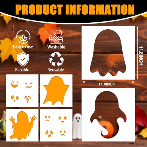 6Pcs Large Halloween Stencils, Cute Ghost Face Stencil for Painting on Wood Doormat Wall Yard DIY Craft