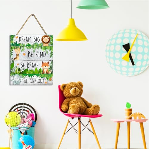 Be Kind Be Braver Jungle Theme Wood Hanging Sign,Inspirational Quotes Safari Hanging Sign for Kids Nursery Bedroom Playroom Wall Decor