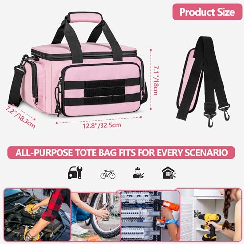 Tool Tote Bag for Women, Tool Storage Organizer with Anti-friction Bottom, Tactical Range Bag for Electrician, Carpenters, Repairman, Pink