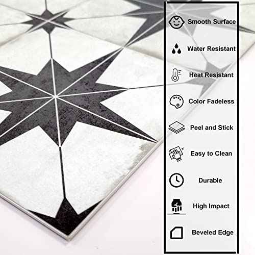 The Tiles Plaza Peel and Stick Encaustic Backsplash, Black Star Patterned Stick on Tile, Self-Adhesive Wall Tile Sticker for Kitchen Bathroom Fireplace Stairs, 10 Sheets