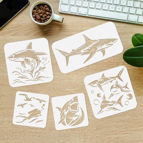 5Pcs Ocean Shark Wall Stencil Templates Reusable Plastic Marine Organism Stencils for Painting on Wood Wall Floor Fabric Glass Furniture, DIY Home Decor or Craft Stencil
