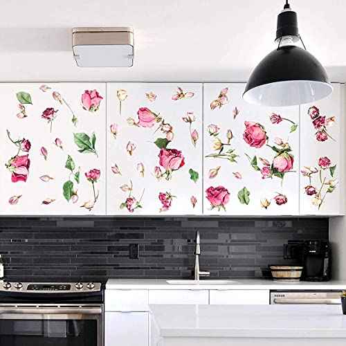 Removable 3D Falling Rose Wall Decals DIY Flower Petals Wall Stickers Peel and Stick Floral Wall Decals Decor Art for Girls Bedroom Living Room Furniture Decorations