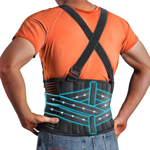 Work Back Brace with Removable Suspender Straps, Lumbar Posture Corrector for Heavy Lifting Safety Protector, Back Support Belt for Men Women in Moving, Construction and Warehouse Jobs Large