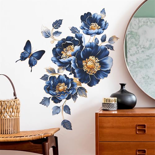 Gorgeous Blue Peony Rose Flower Wall Stickers, sacinora Butterfly Floral Art 3D Wall Decals Removable Vinyl Peel and Stick for Bedroom Study Room Bathroom Home Decorations