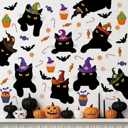 Halloween Window Decorations,Black Cat Halloween Window Clings,Pumpkin Black Cat Theme Wall Stickers,Haunted House Decor,All Hallows' Day Bat Candy Dessert Wall Decals for Home Room Kitchen