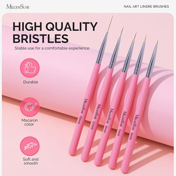 MelodySusie Nail Art Liner Brushes 5Pcs Professional Gel Polish Painting Art Design Pen Set for Thin Long Lines, Tiny Details, Fine Drawing, Delicate Coloring Sizes 5/7/9/11/20mm
