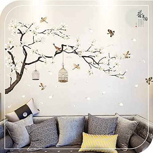 Large White Flower Wall Stickers, 50"x74" Removable DIY Romantic Cherry Blossom Tree Wall Murals Peel and Stick 3D Wall Art Stickers Home Decor for Gilrs Bedroom Nursery Rooms Living Room