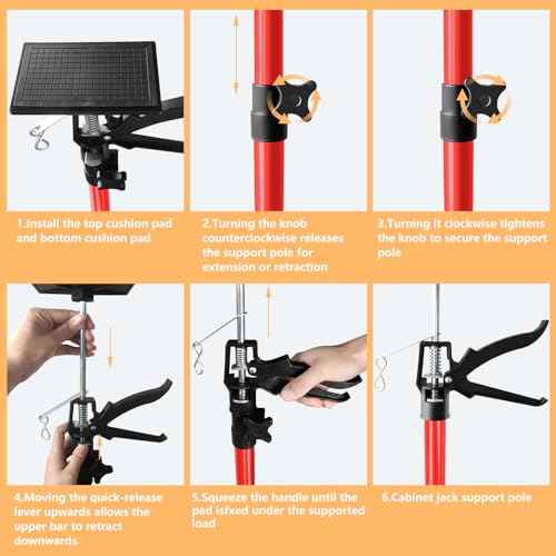 Cabinet Jack for Installing Cabinet£¬Adjustable 3rd Hand Support Pole Extend from 45 to 114 inches,Premium Steel Cabinet Lift Jack Support up to 154 lbs£¬2 Pack with Storage Bag (Red-Orange)