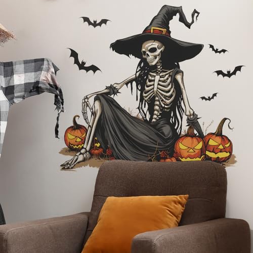 Horror Halloween Witch Skeleton Wall Decals,Removable Skull Wall Stickers with Bats & Pumpkins for Halloween Party Home Classroom Bar Decor (15.7x23.6 Inch)