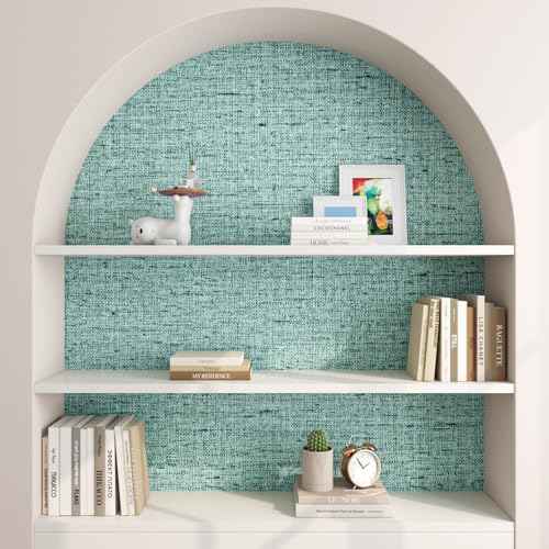 FunStick Light Teal Green Grasscloth Peel and Stick Wallpaper Textured Removable Renter Friendly Wall Paper for Bedroom Bathroom Walls Blue Aqua Green Kitchen Cabinet Contact Paper Waterproof 16"x80"