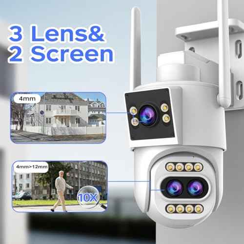 JOOAN Outdoor Security Camera 2Kx3 3Lens 2 Screen¡¼10X Optical Zoom & Auto Tracking¡½ Home Surveillance IP Cam 360¡ÆPTZ 2.4G WiFi Wired IP66 Waterproof Motion Alert,8-256G Card/Cloud Storage,Siren Alarm