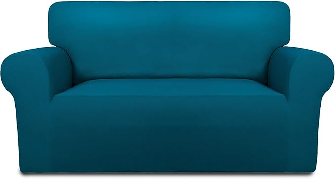PureFit Super Stretch Sofa Slipcover – Spandex Non Slip Soft Couch Sofa Cover, Washable Furniture Protector with Non Skid Foam and Elastic Bottom for Kids, Pets （Loveseat, Peacock Blue）