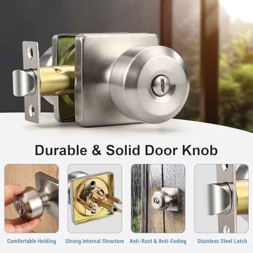 KNOBWELL Brushed Nickel Door Knob, Square Interior Door Knobs, Privacy Door Knob for Bedroom Bathroom, Stainless Steel Indoor Door Knobs, 6 Pack