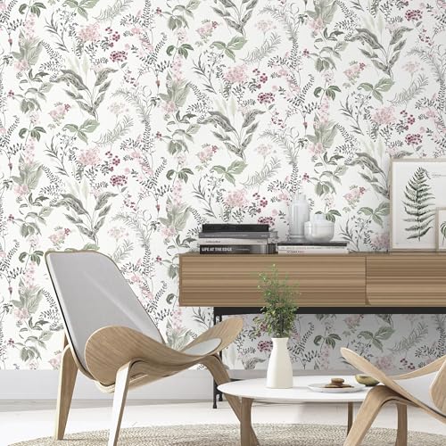 Vinjiasin Peel and Stick Wallpaper Boho Wallpaper Floral Contact Paper Colorful Pink Flower Leaf Self Adhesive Removable Wall Paper for Bathroom Bedroom 16.1" x 78.7"