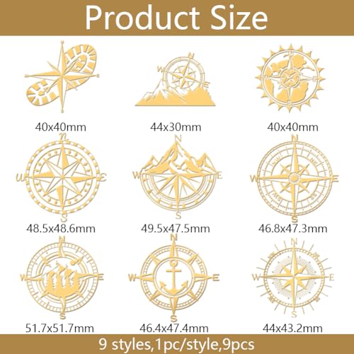 OLYCRAFT 9pcs 1.6x1.6 Inch Compass Theme Stickers Mountain Compass Stickers Self Adhesive Gold Metal Stickers Shoe Print Metal Stickers for Scrapbooks DIY Crafts Phone Decoration