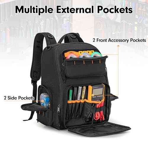 Tool Bag Backpack with 3 Tool Zipper Pouch, Tool Organizer Bag for Men with Padded Support, Tactical Tool Storage Work Bag for Repairman, Electrician, Handyman, Black (Patented Design)