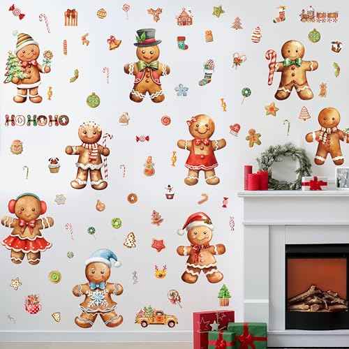 12 Sheets Christmas Gingerbread Wall Stickers Decorations, Xmas Wall Decals Holiday Gingerbread Candy Floor Wall Vinyl Stickers for Living Room Bedroom Home Office Decor