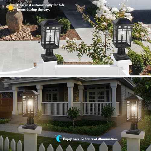 Solar Post Lights, Outdoor Post Lights Solar Powered, Waterproof Anti-Rust Black Post Lights with Seeded Glass, LED Solar Powered Lamp for Front Door, Porch, Garage, and Patio £¨Bulb Included£©SR018-P