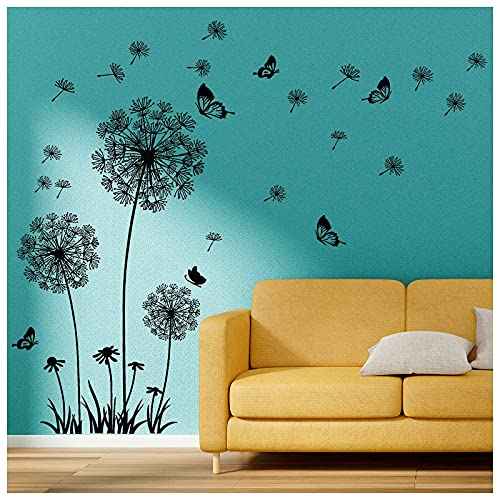 Black Dandelion Wall Stickers Flower Butterflies Flying Wall Decal, Removable Walls Art Stickers for Bedroom Living Room Sofa Backdrop TV Decoration