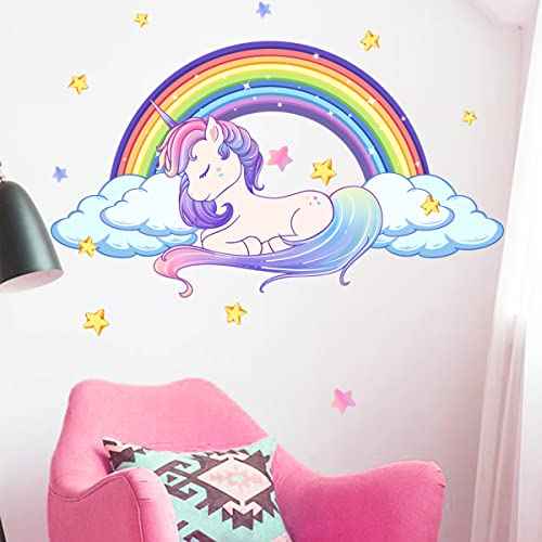 Unicorn Wall Decals Art Rainbow Peel and Stick Stickers - Waterproof With Star Cloud for Girls Kids Bedroom Nursery Playroom Decor