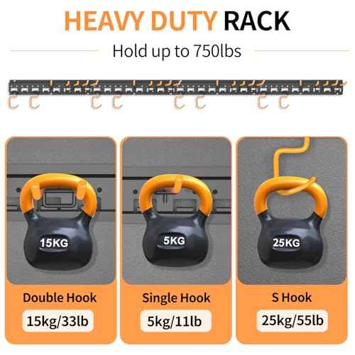 Garden Tool Organizer Wall Mount - Garage Storage and Organization Yard Tool Hanger with Adjustable Pegboard Hooks Shed Rack for Broom Mop Shovel Rake Trimmers, 64 inch Max 750lbs, Black