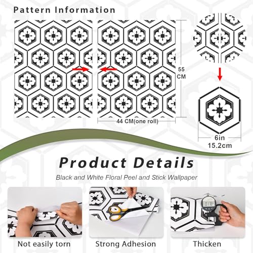 Naphite Black and White Peel and Stick Wallpaper Boho Geometric Black Modern Self Adhesive Removable Wallpaper for Bathroom Kitchen Backsplash Waterproof Contact Paper for Cabinets 17.3inW 78.7inL