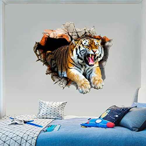 3D Tiger Wall Decal Smashed Wild Animal Wall Sticker 23.62x23.62inch Removable Self-Adhesive Vinyl Jungle Animal Wall Mural for Nursery Playroom Kids Room Bedroom Wall Decors