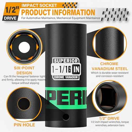 1/2" Drive Impact Socket, 1-1/16 inch Deep Socket, SAE, 6 Point, CR-V, for Car Repair, Loosen the Fastening Nut