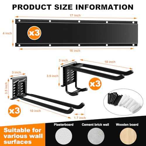 Garden Tool Organizer - Garage Storage Organization Wall Mount 48 Inches, 440lbs Adjustable Heavy Duty Metal Hooks,Yard Shed Organizer Rack Holder System Hanging Rake Broom Mop with 6 Adjustable Hooks