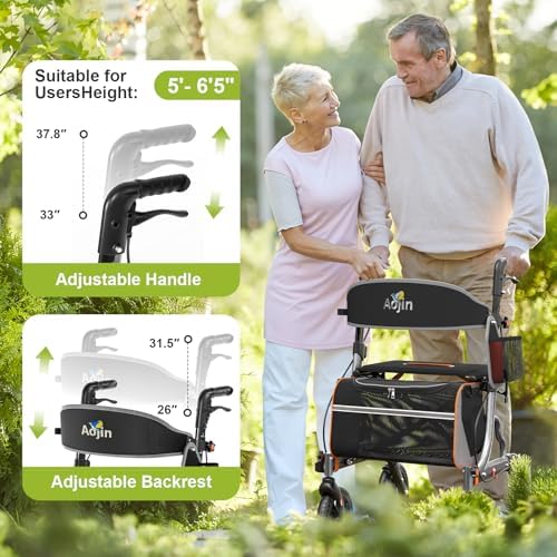 Rollator Walkers for Seniors with Seat, Foldable Walkers for Senior, 8" All-Terrain Wheels, 18" Big Seat, 6-Level Adjustable Height Rolling Walker, 350 lb, Walker for Seniors & Adults (Sliver)
