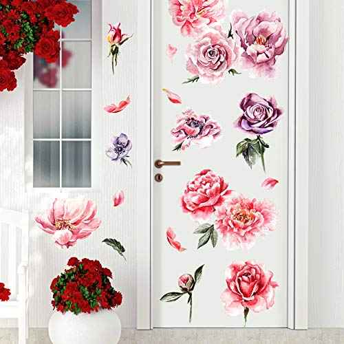 Amaonm Removable 3D Beautiful Pink Red Peony Flower with Green Plants Leaf Wall Decal Wall Stickers DIY Peel and Stick Art Decor for Kids Girls Bedroom Living Room Nursery Decoration (A)