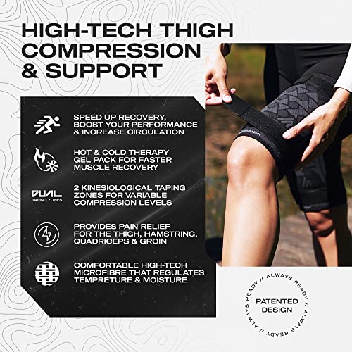 Always Ready, Thigh Compression Support Sleeve (2 Per Pack) with Hot & Cold Gel Pack for Hamstring & Quadricep Muscle Strains & Injury, Men & Women, Two Adjustable Compression Straps, Non-Slip (XS)