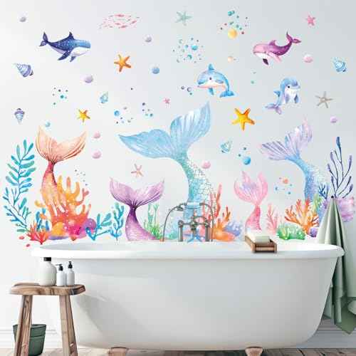 SHUCHING Mermaid Tail Wall Sticker Peel and Stick, Under The Sea Wall Decal, Wall Decor Art for Girls Bedroom Baby Nursery Bathroom