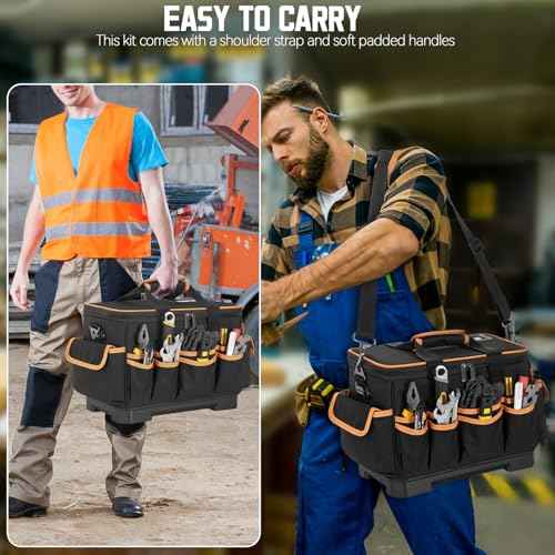 14 Inch Tool Bag with Waterproof Hard Bottom, Large Multi-Pockets Tool Tote Box Organizer Heavy Duty Storage Case