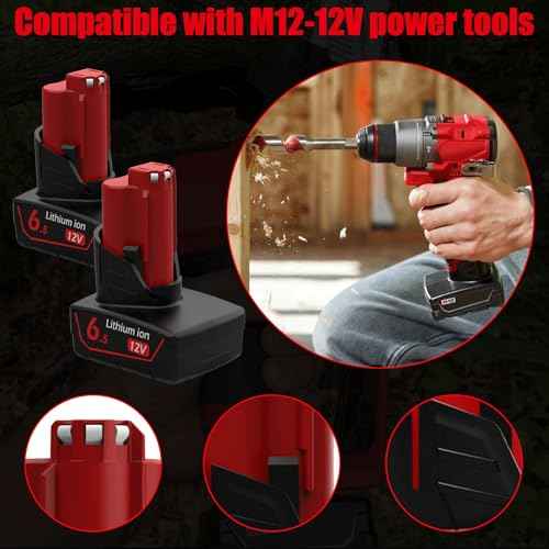 Powilling 12V 6500mAh Replacement for Milwaukee M12 Battery and Charger Kit for Milwaukee M 12 12Volt 48-11-2440 48-11-2411 48-11-2410 with 2-Port Dual 12V Charger