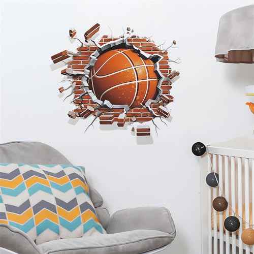 Broken Wall Basketball Wall Stickers, sacinora 3D Sport Wall Decals Brickyard Removable Vinyl Peel and Stick for Kids Teens Boys Bedroom Nursery Playroom Art Home Decorations