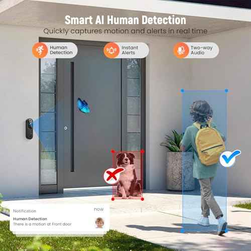 Smart Video Doorbell Camera Wireless, AI Human Detection and Instant Alerts, Night Vision, 2-Way Audio, Battery Powered, Cloud Storage Sold Seperately, 2.4G WiFi (Chime Included)