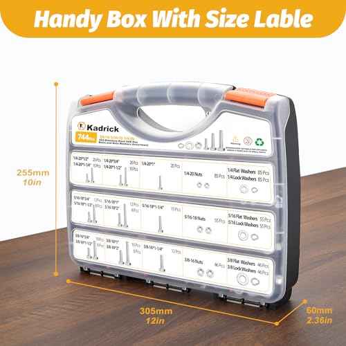 Kadrick 744Pcs 18-8(304) Stainless Steel Hex Bolts Assortment,1/4-20 5/16-18 3/8-16 Heavy Duty Bolts and Nuts Kit, Assorted SAE Bolts Nuts Flat&Lock Washers,Lenth Form 1/2''-2''