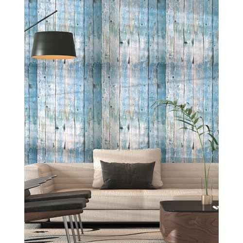Blue Distressed Wood Wallpaper Vintage 17.3"x78.8" Blue Wood Wallpapers Rustic Wood Grain Contact Paper Peel and Stick Wallpaper Wood Plank Film Self Adhesive Removable Wall Paper Shiplap for Cabinets