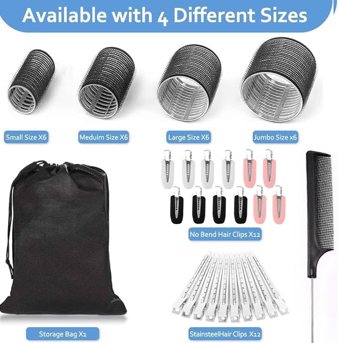 50Piece Hair Rollers set,Self Grip Hair Curlers for Long Medium Short Hair (6 Jumbo + 6 Large + 6 Medium + 6 Small + 1 Storage Bag) and 24Pcs Hair Clips /4-sizes 60 45 36 25mm