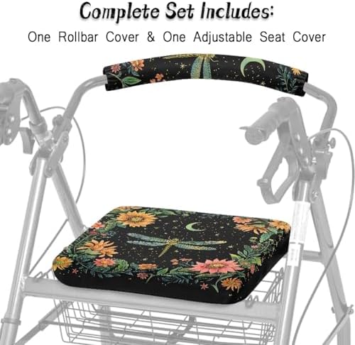 LedBack Dragonfly Floral Rollator Walker Accessories Walker Seat Covers for Ladies Roller Bar Covers Women Walkers for Seniors with Seat Cover for Seniors in Assisted Living