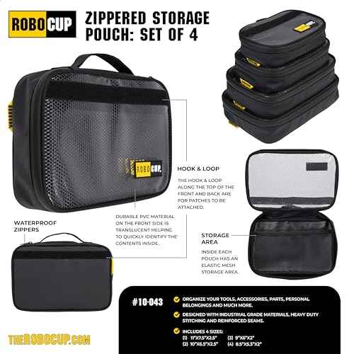 ROBOCUP Organization Storage Pouch Set of 4 with Waterproof Zippers, Grab Handle, Heavy Duty Materials, Reinforced Stitching, Hook&Loop Patch Areas. Perfect for Work, Home and Travel