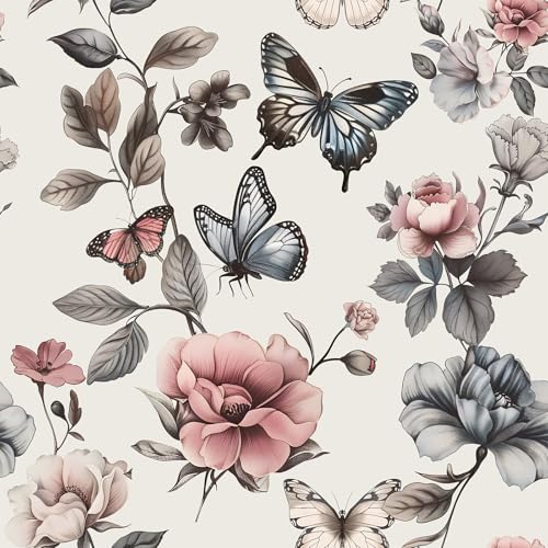 Floral Wallpaper Peel and Stick Wallpaper 17.3"x78.8" Boho Contact Paper for Cabinets and Drawers Colorful Self Adhesive Removable Wall Paper for Bedroom Butterfly Flower Wallpapers Vinyl Roll