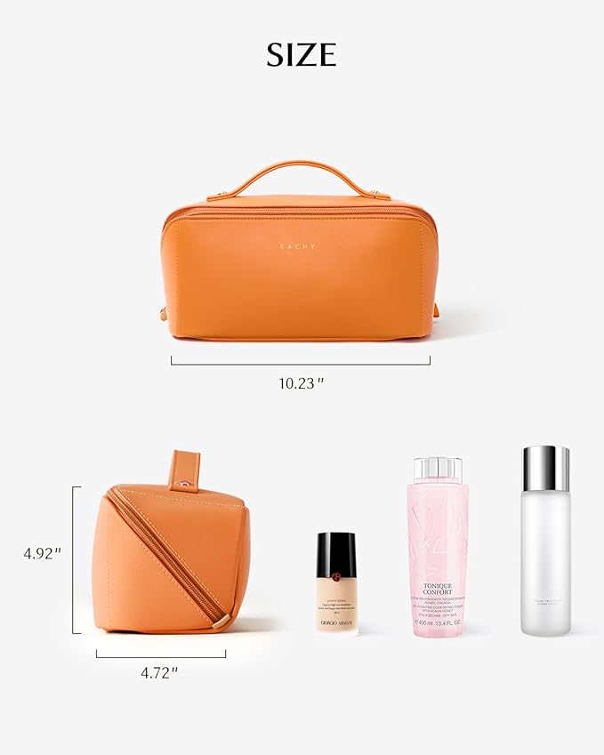 EACHY Travel Makeup Bag, Large Capacity Cosmetic Bag for Women, Waterproof PU Leather, Flat Open Portable Toiletry Bag for Skincare, Brushes & Travel Essentials
