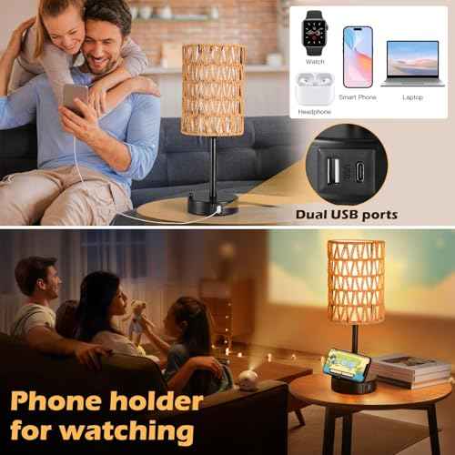 Rattan Table Lamps for Living Room, 3 Way Dimmable Touch Lamps, Small Bedside Lamps with LED Bulbs, Phone Stand, USB Ports and AC Outlet, Boho Nightstand Lamp for Kids Room, Bedroom, Office (2 Pack)
