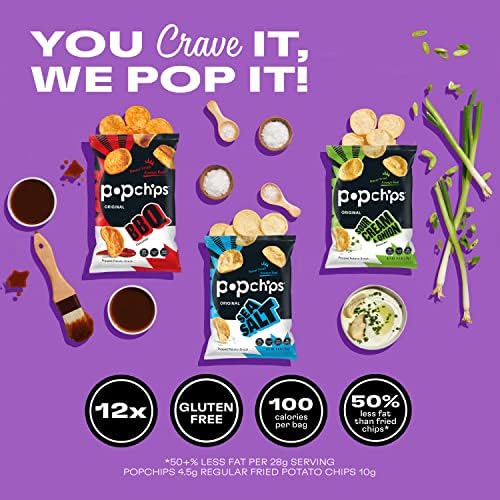 Popchips Potato Chips Variety Pack, Sea Salt, BBQ, Sour Cream & Onion, 12ct Single Serve 0.8oz Bags, Gluten Free, Salty Snacks for Adults and Children, Non-GMO & Kosher, 100 Calories Per Bag